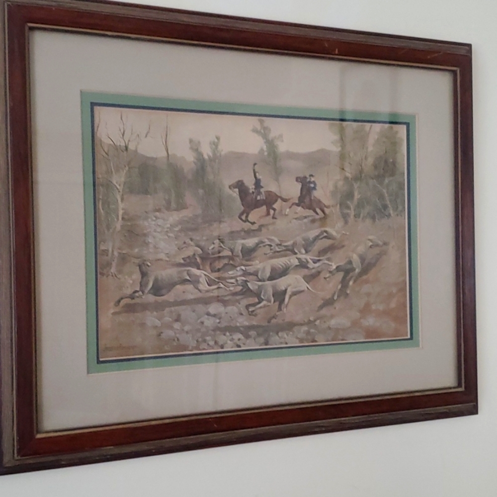 Rare Frederic Remington Art Lithograph " Running A Coyote with Hounds "